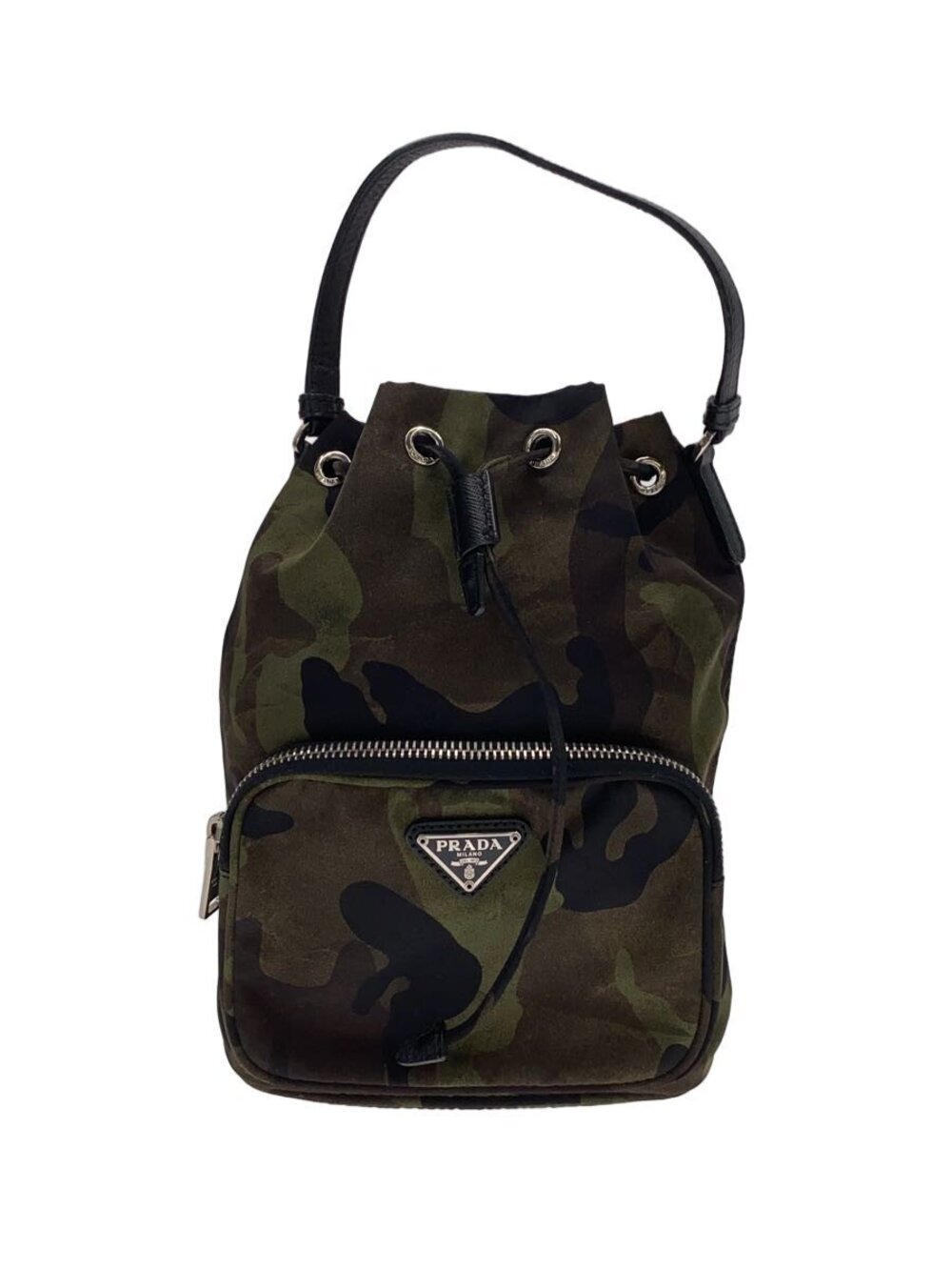 Prada camouflage bucket bag front zipper pocket Green